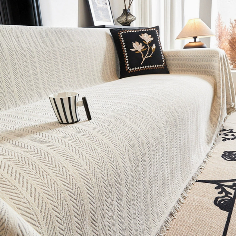 Niki | Herringbone Knit Sofa Blanket with Tassels