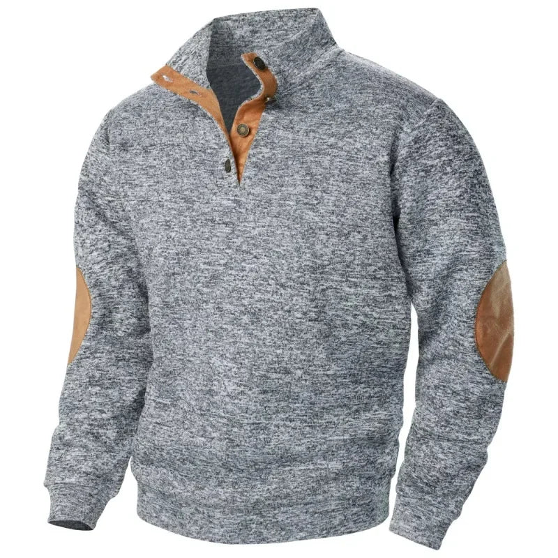 Men's Button Neck Sweatshirt with Suede Patch Details