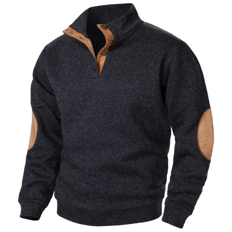 Men's Button Neck Sweatshirt with Suede Patch Details