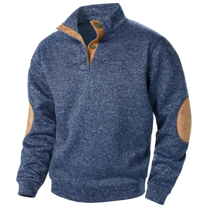 Men's Button Neck Sweatshirt with Suede Patch Details