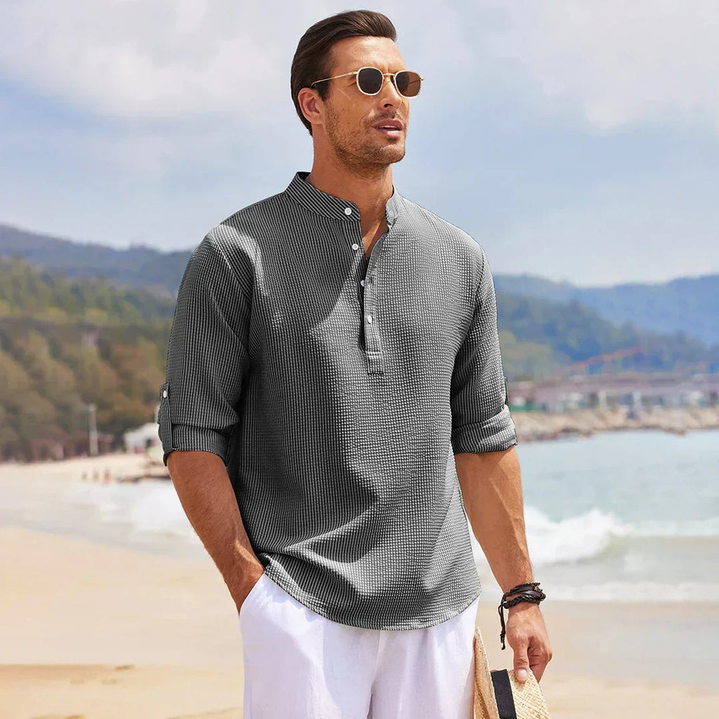 Comfortable Band Collar Waffle Shirt