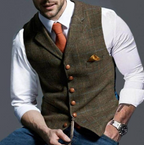 Button-Front Plaid Patterned Sleeveless Jacket