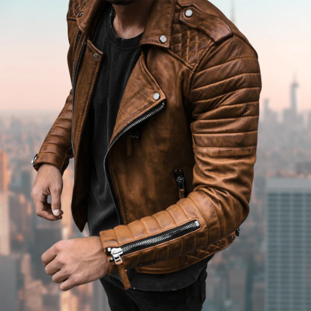Men's Quilted Genuine Leather Biker Jacket
