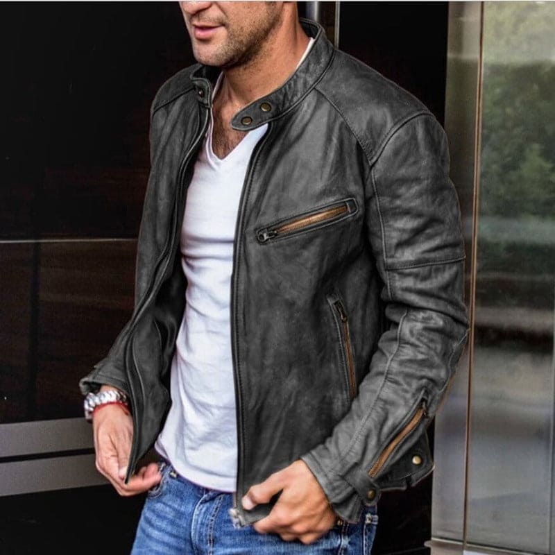 Men's Water-Resistant Zippered Leather Jacket
