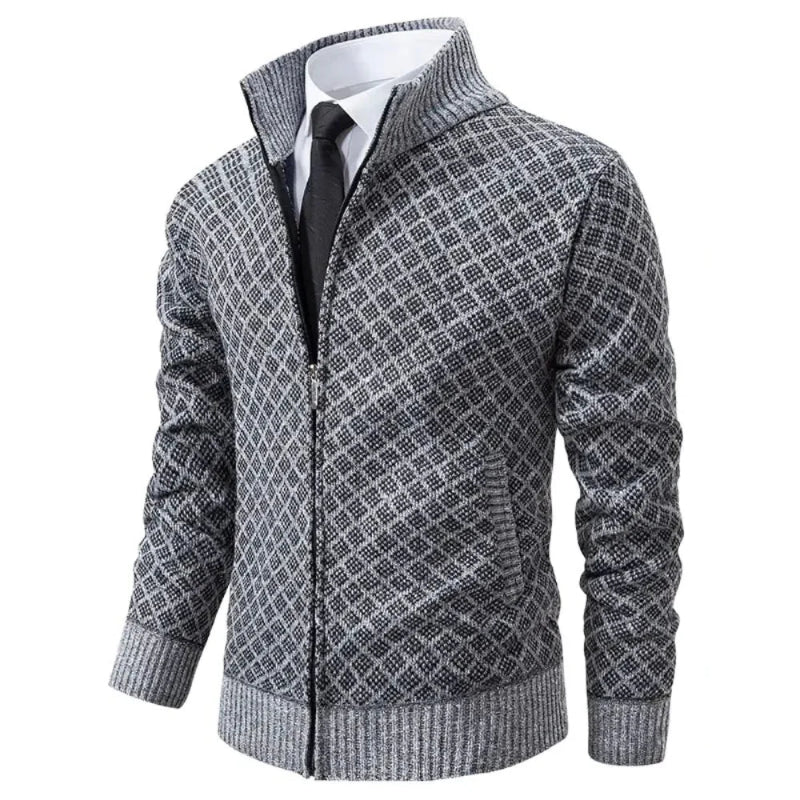 Geometric Zip-Front Knit Cardigan Sweater