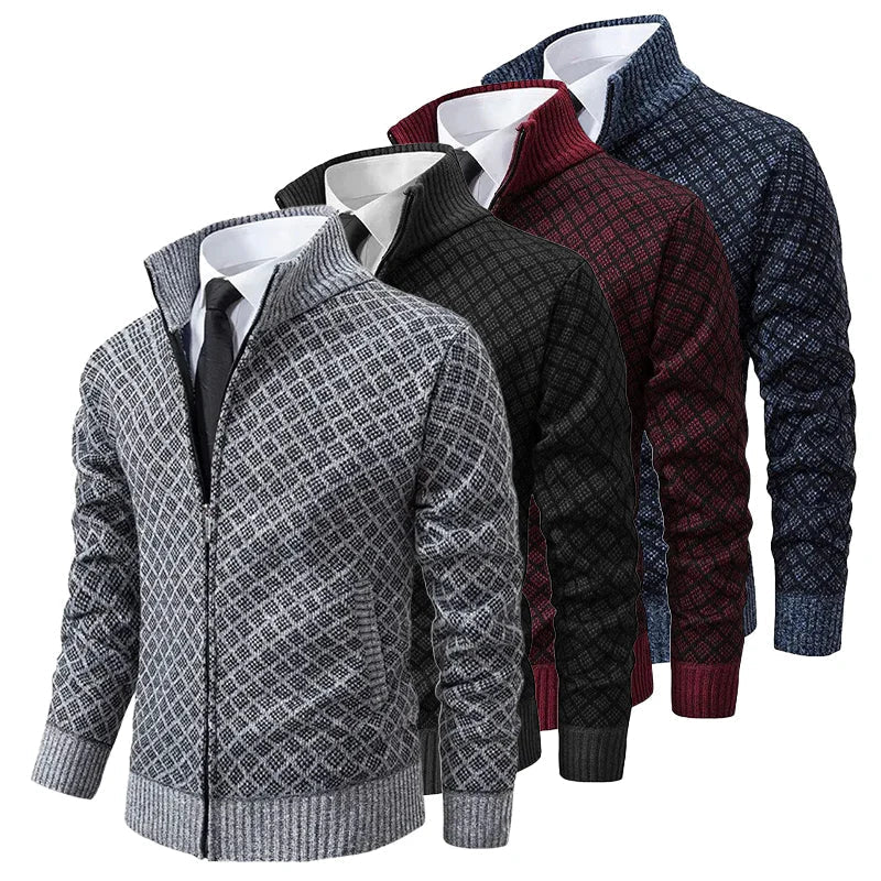 Geometric Zip-Front Knit Cardigan Sweater