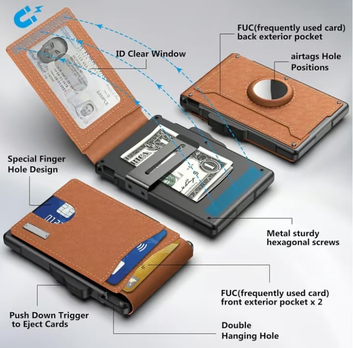 Niki | Pop Up aluminum bag Money Clip Slim Leather Slots Credit Card Holder RFID Blocking Bifold Minimalist Wallet