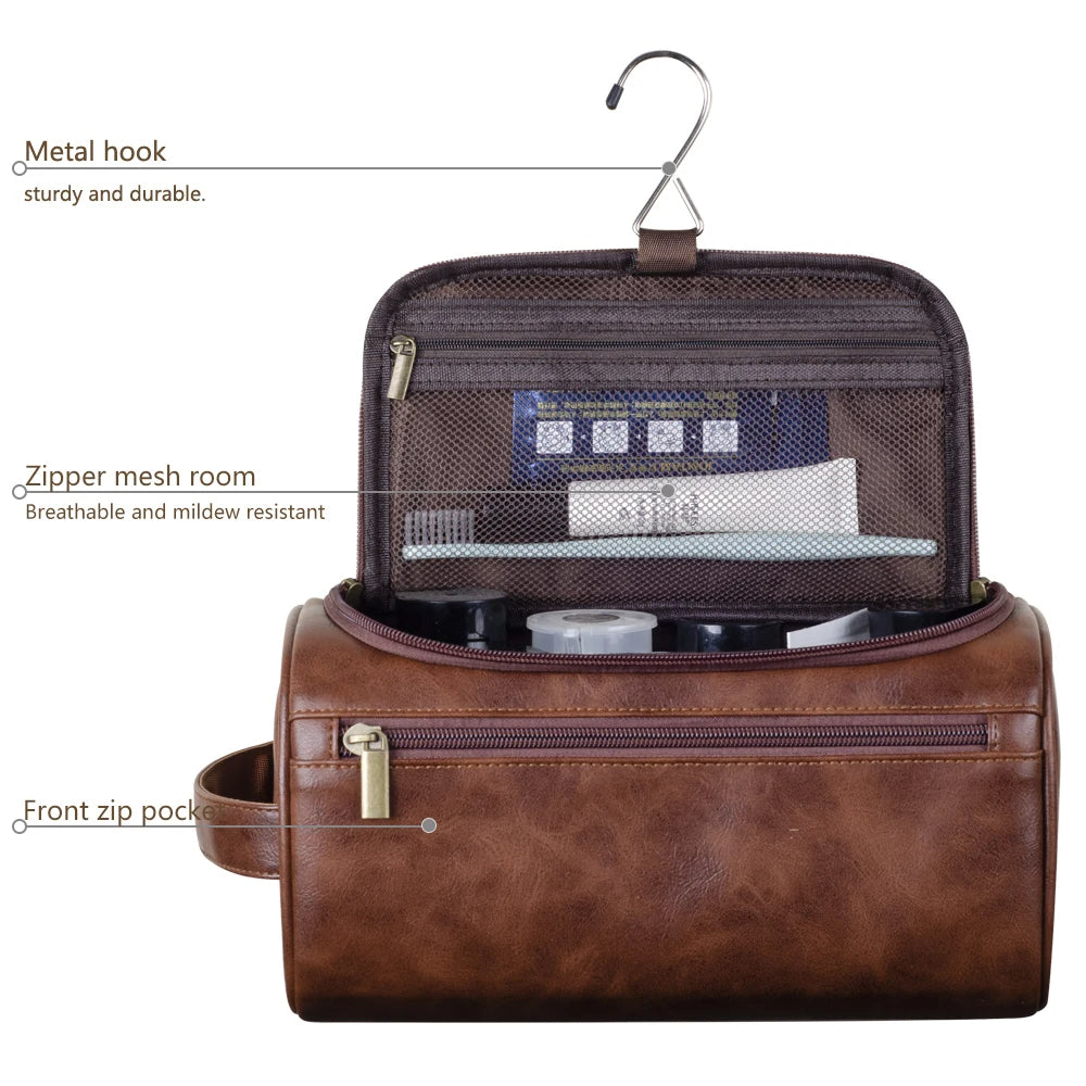 Niki | Premium Leather Toiletry Bag | Three-Layer Water-Repellent Design | Integrated Metal Hook for Hanging | 25x13x13 cm | Compact Travel Organizer with Quick Access Pocket