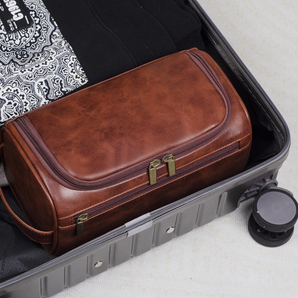 Niki | Premium Leather Toiletry Bag | Three-Layer Water-Repellent Design | Integrated Metal Hook for Hanging | 25x13x13 cm | Compact Travel Organizer with Quick Access Pocket