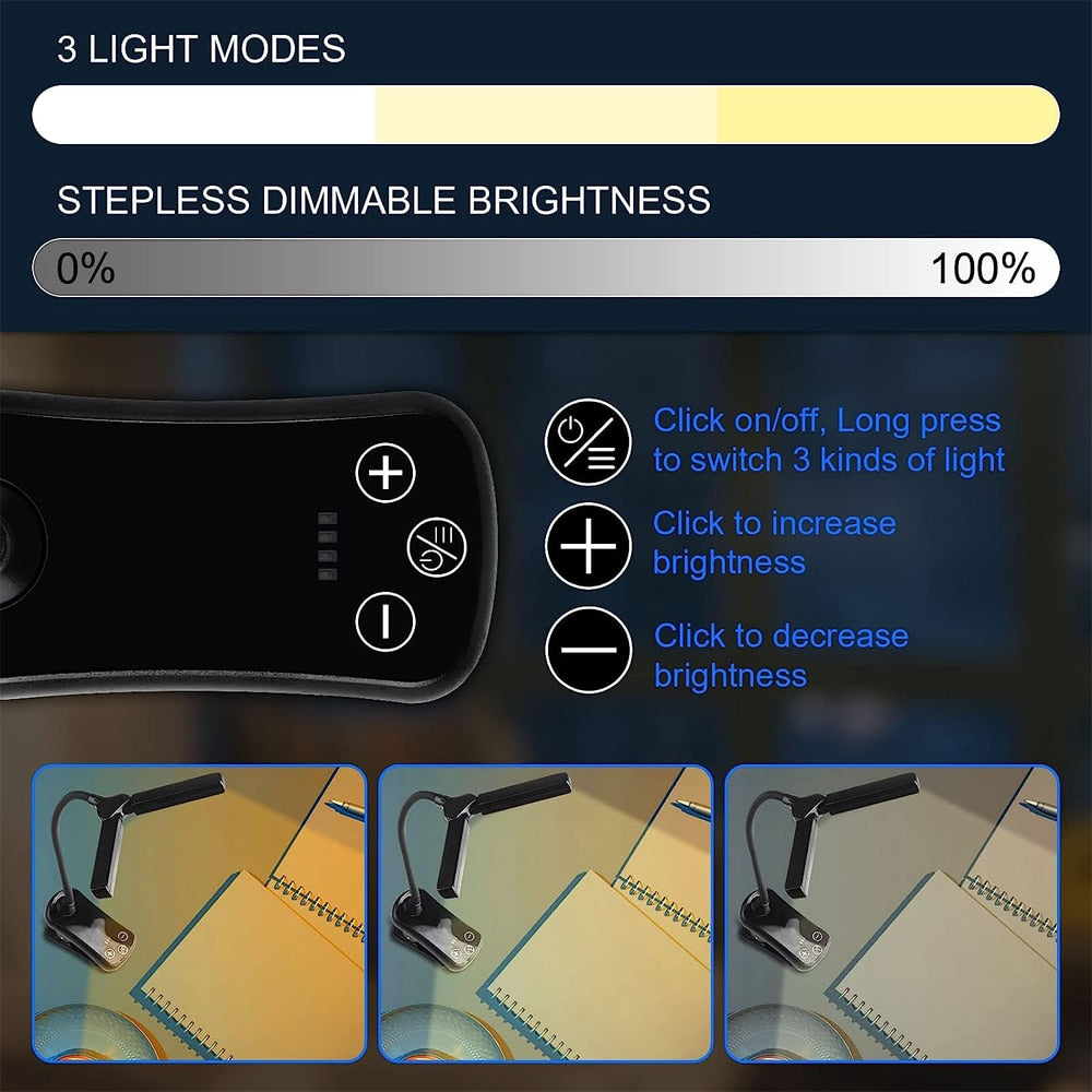 Niki | USB Rechargeable Clip-on Book Light with 3 Colors & 8 Brightness Levels