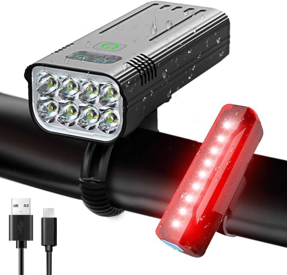 Niki | Victoper 8000 Lumen Bike Light Set - USB Rechargeable Front & Rear, Matte Black