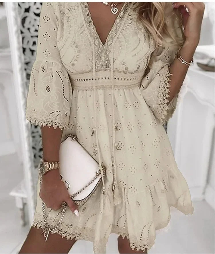 Niki | Boho Eyelet Mini Dress with Flare Sleeves