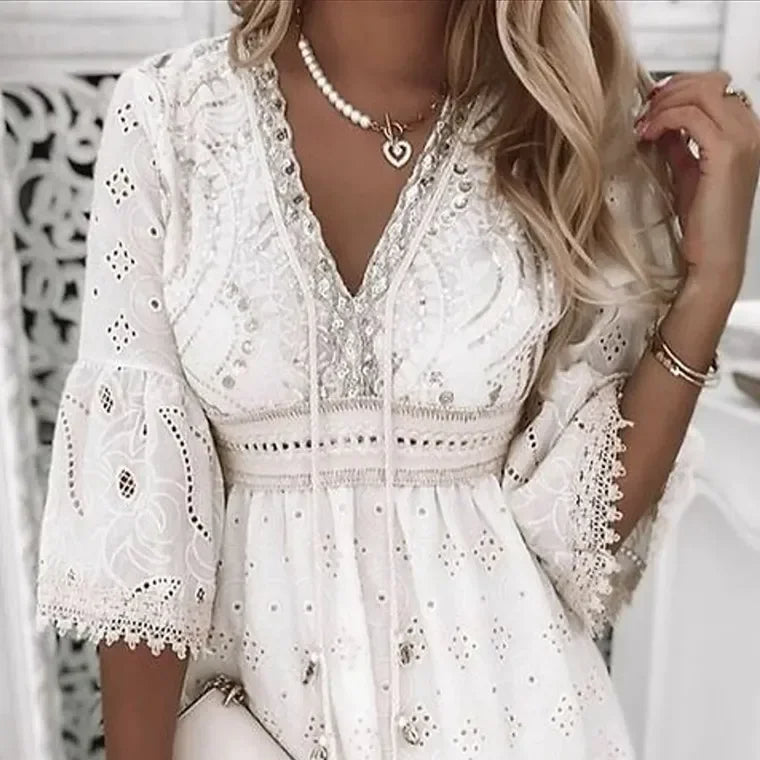 Niki | Boho Eyelet Mini Dress with Flare Sleeves