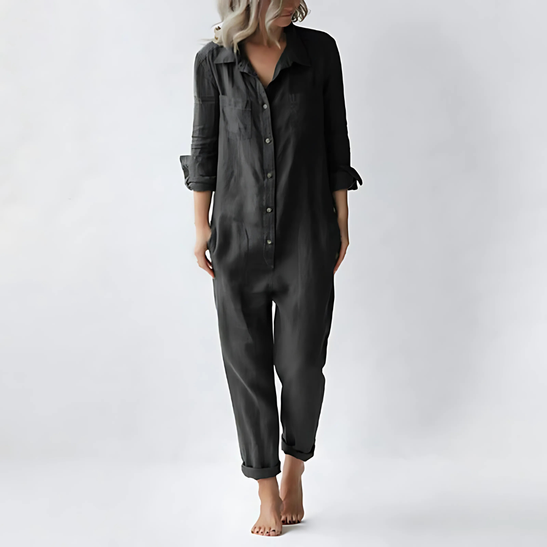 Niki | Women's Linen Button Front Relaxed Fit Jumpsuit