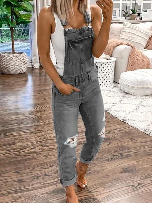 Niki | Distressed Denim Ankle Overalls