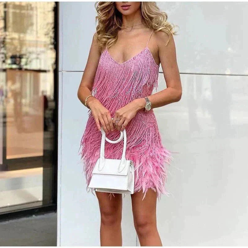 Feather Trimmed Statement Mini Dress
