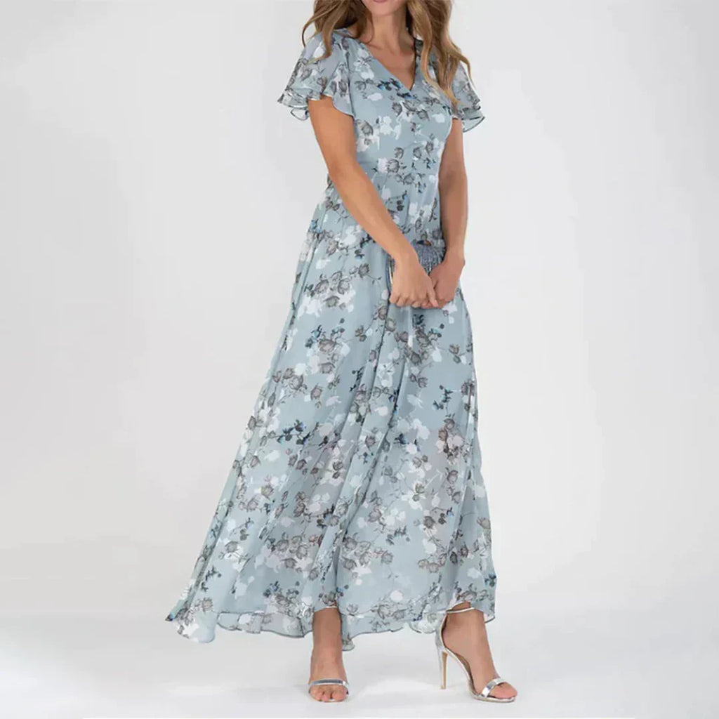 Women's Maxi Dress with Floral Print and Flutter Sleeves