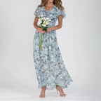 Women's Maxi Dress with Floral Print and Flutter Sleeves
