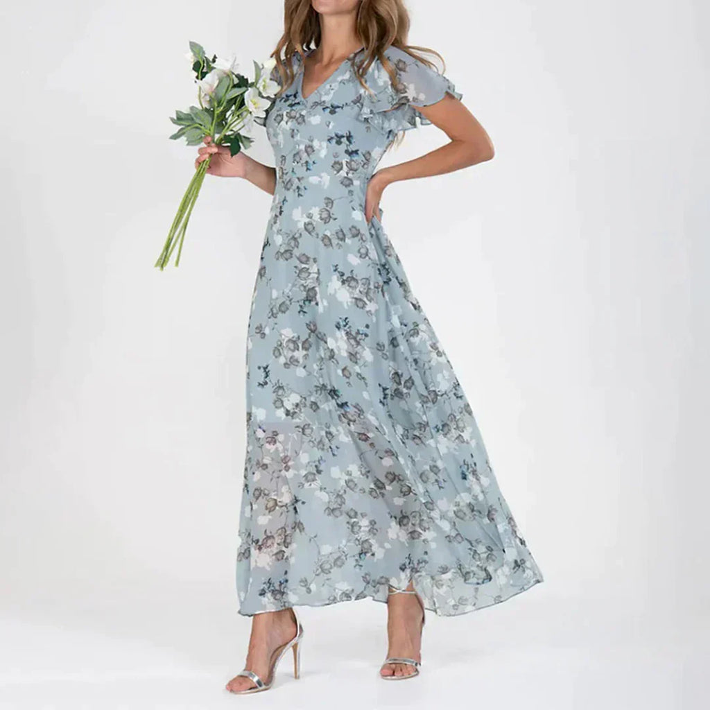 Women's Maxi Dress with Floral Print and Flutter Sleeves