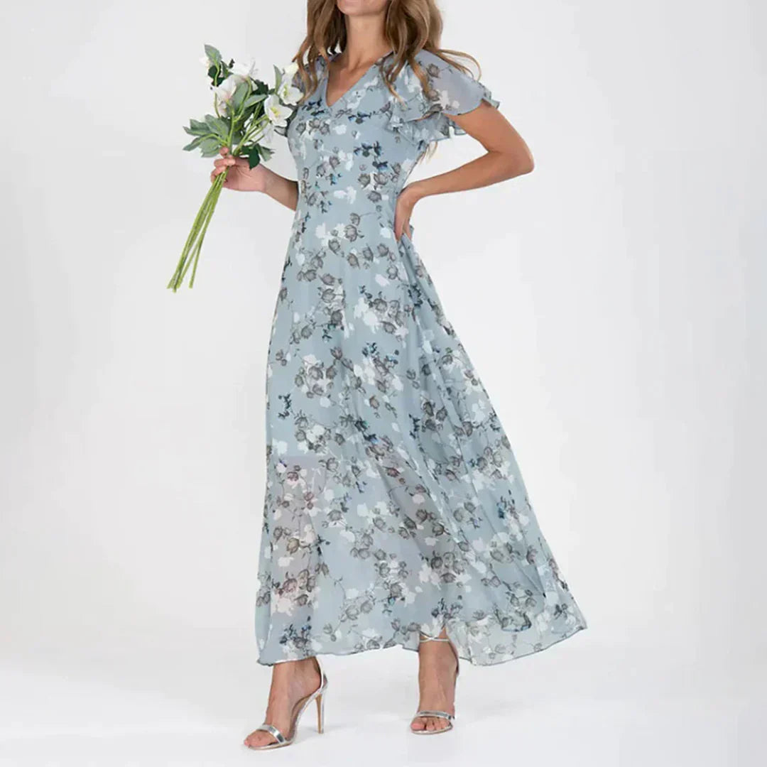 Women's Maxi Dress with Floral Print and Flutter Sleeves