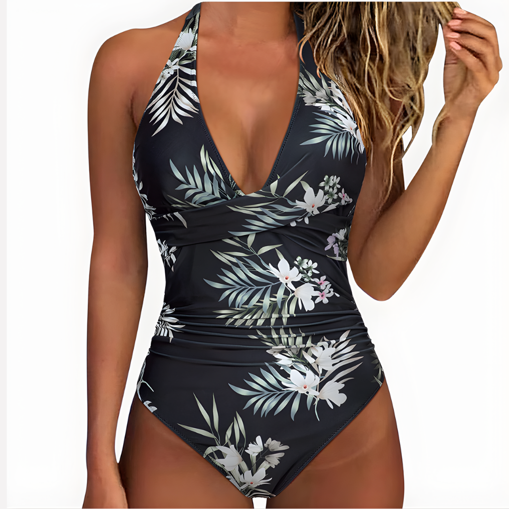 Women's Ruched Torso Halter Neck One-Piece Swimsuit