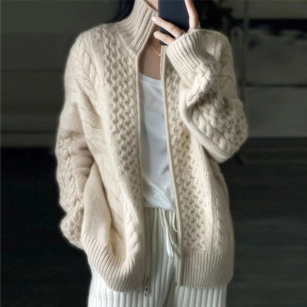 Niki | High Neck Cable Knit Zip Cardigan