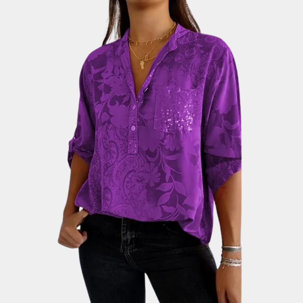 Niki | Women's Jacquard Button-Front Shirt with Adjustable Sleeves