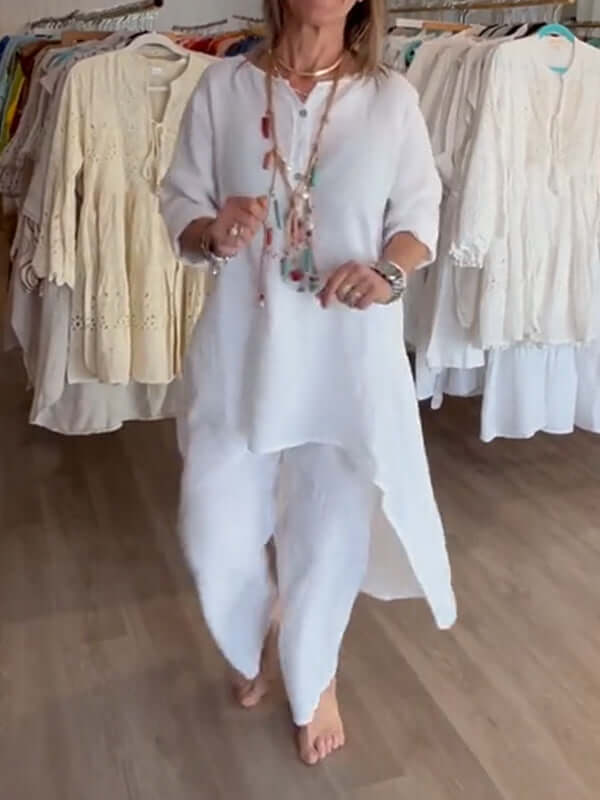 Women's Linen Asymmetrical Tunic and Pant Ensemble