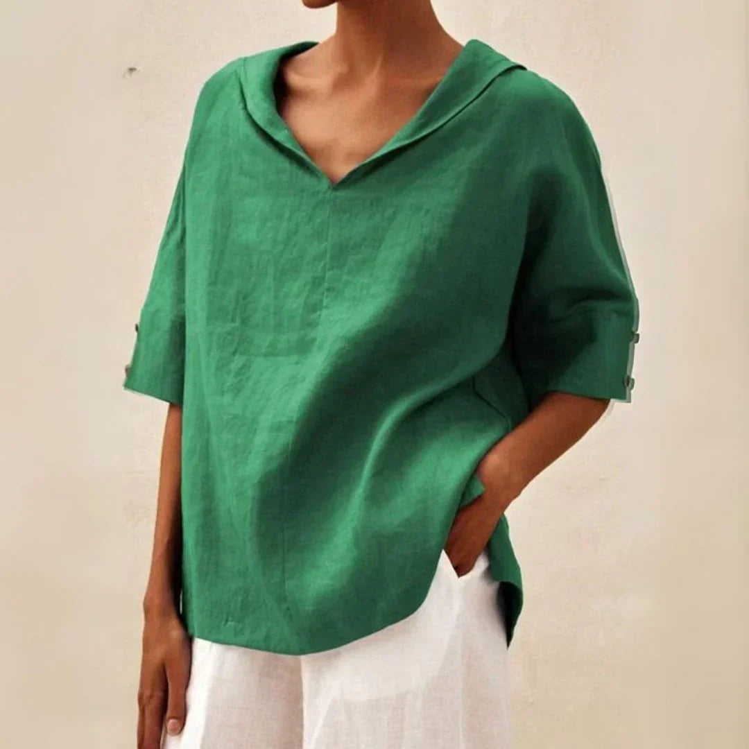 Airy Linen Roll-Tab V-Neck Top