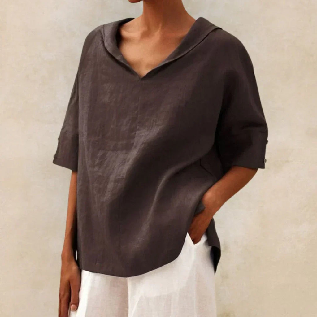 Airy Linen Roll-Tab V-Neck Top