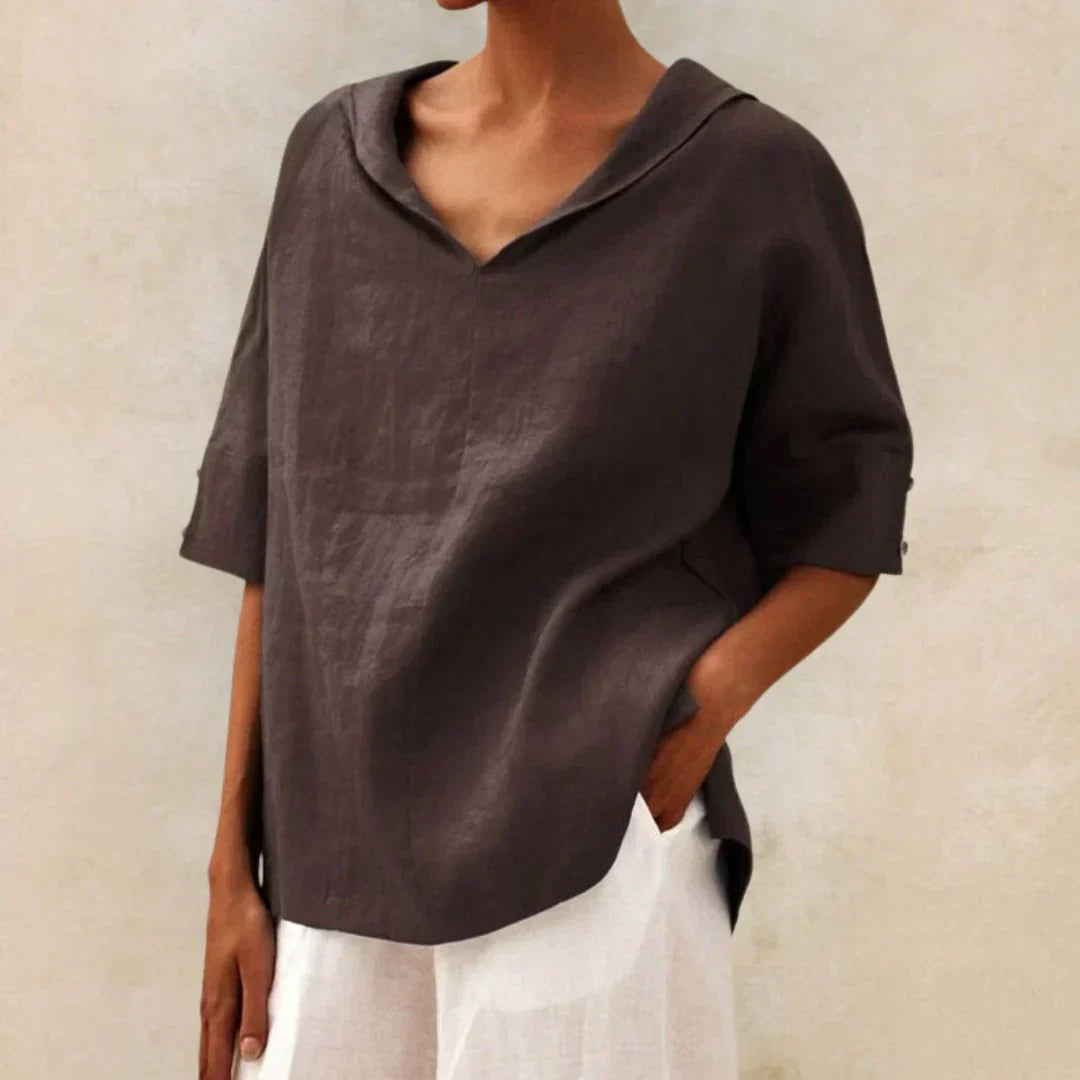Airy Linen Roll-Tab V-Neck Top