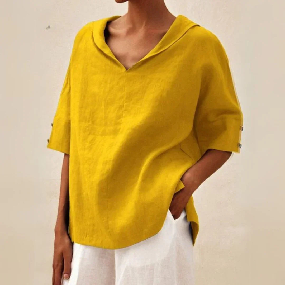 Airy Linen Roll-Tab V-Neck Top