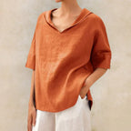 Airy Linen Roll-Tab V-Neck Top