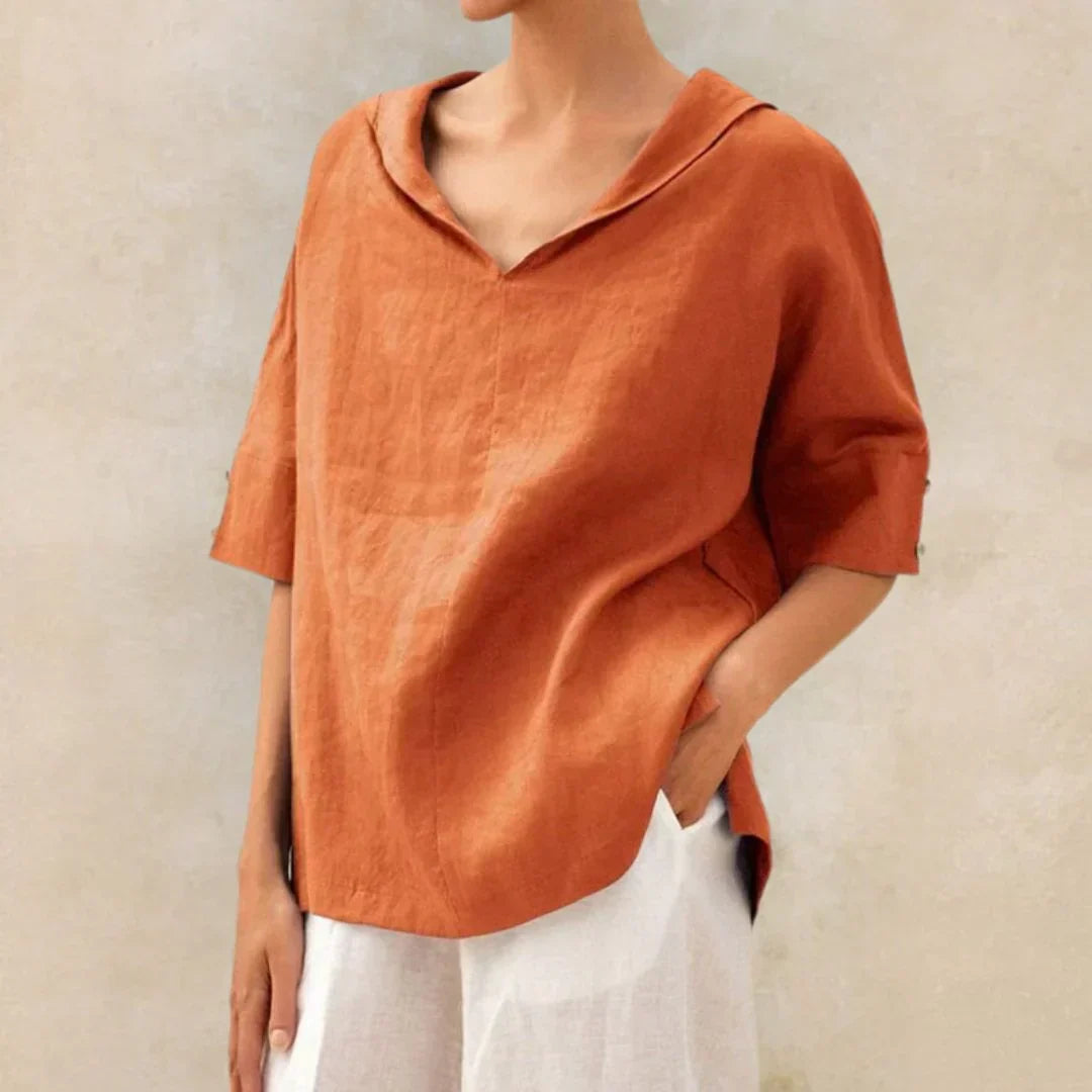Airy Linen Roll-Tab V-Neck Top