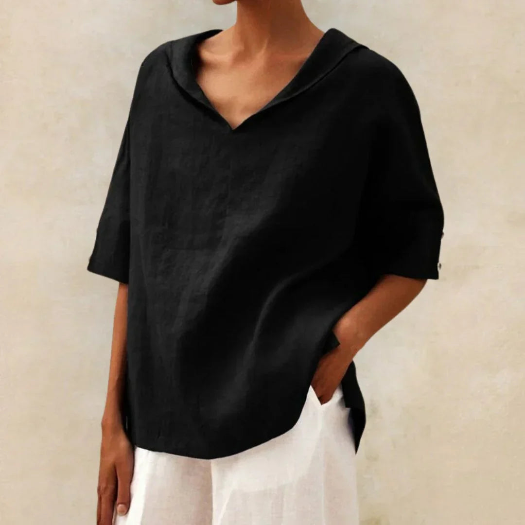 Airy Linen Roll-Tab V-Neck Top