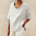 Airy Linen Roll-Tab V-Neck Top