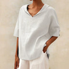 Airy Linen Roll-Tab V-Neck Top