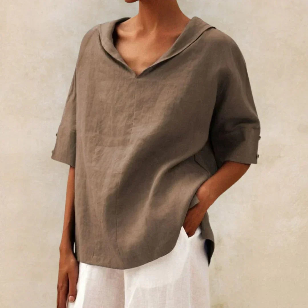 Airy Linen Roll-Tab V-Neck Top