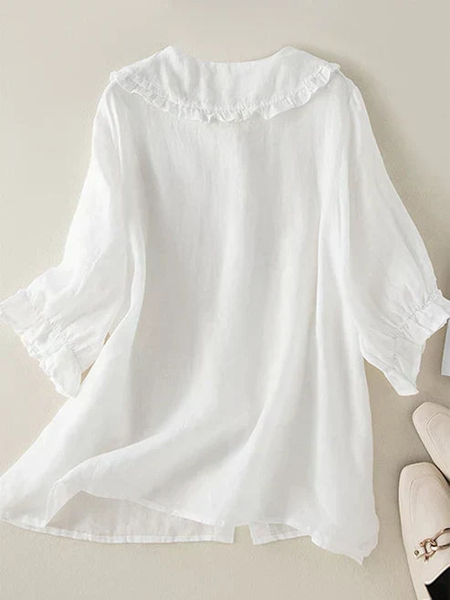 Women's Cotton-Linen Shirt with Ruffled Neckline