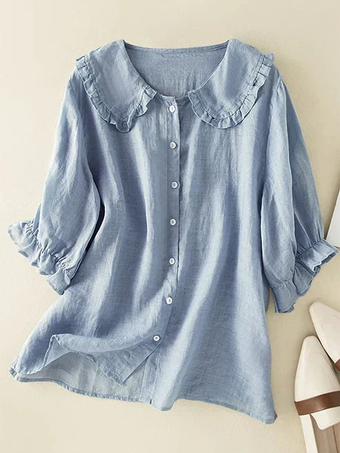 Women's Cotton-Linen Shirt with Ruffled Neckline