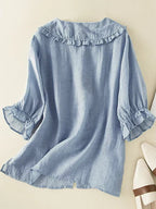 Women's Cotton-Linen Shirt with Ruffled Neckline