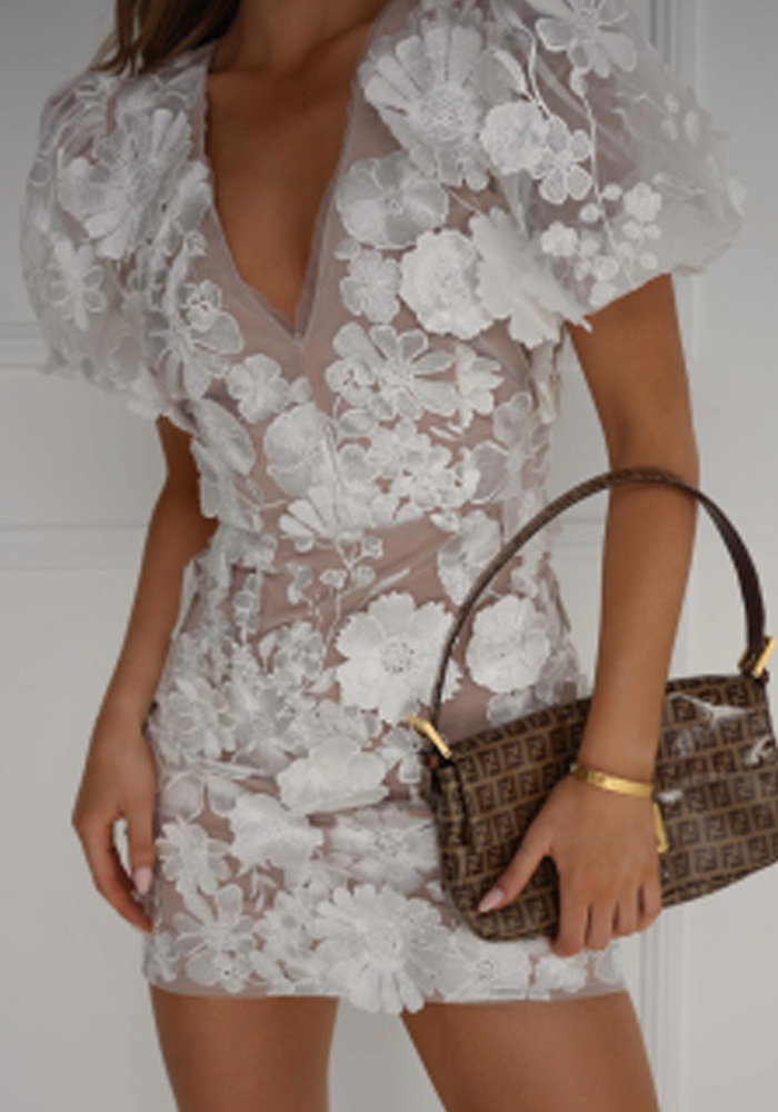 Women's Mini Dress with Floral Applique and Embroidery