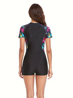 Sporty Geometric Zip Short Sleeve Swimsuit