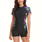 Sporty Geometric Zip Short Sleeve Swimsuit