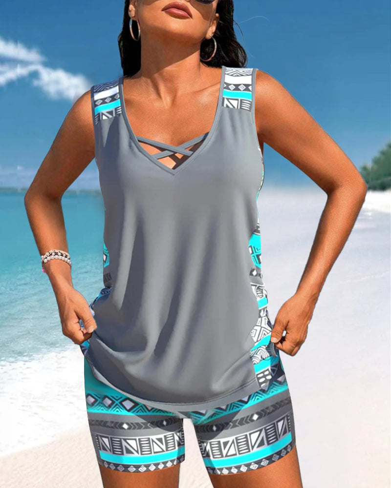 Geometric Print Tankini Swim Set for Women