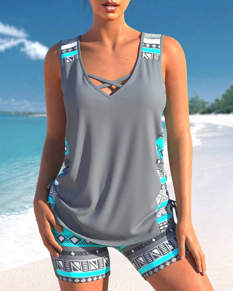 Geometric Print Tankini Swim Set for Women