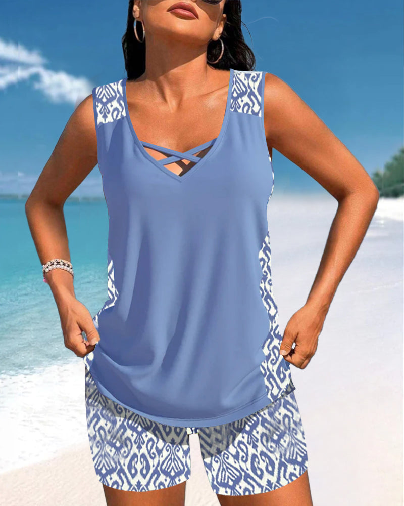 Geometric Print Tankini Swim Set for Women