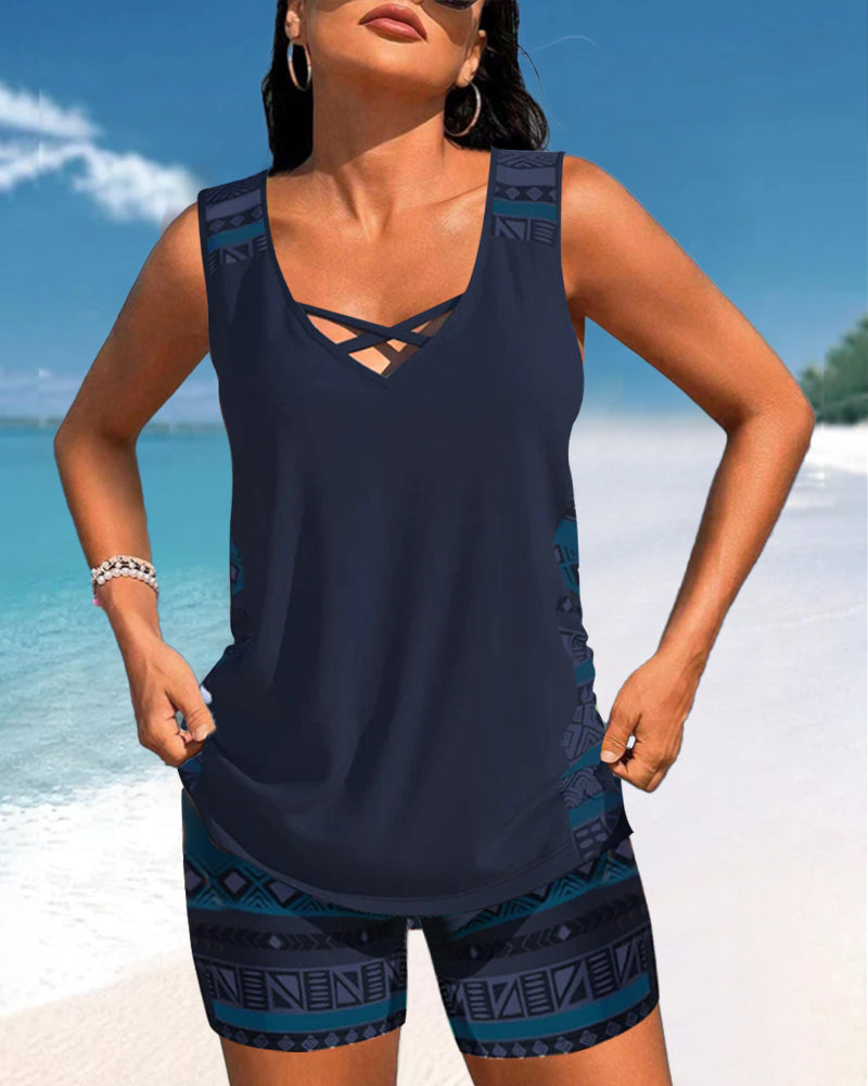 Geometric Print Tankini Swim Set for Women