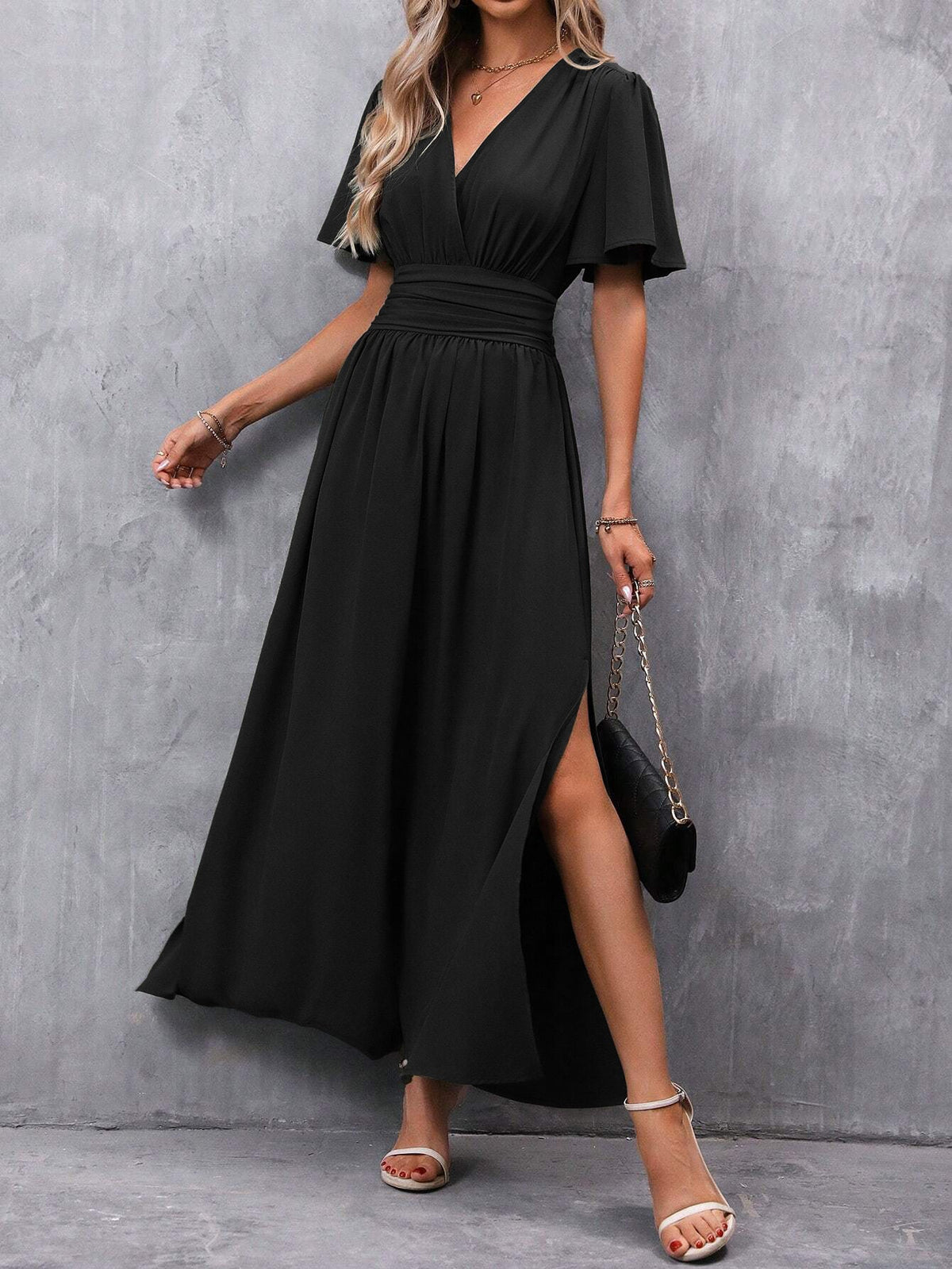 Niki | Women's Flowy V-Neck Flutter Sleeve Maxi Dress