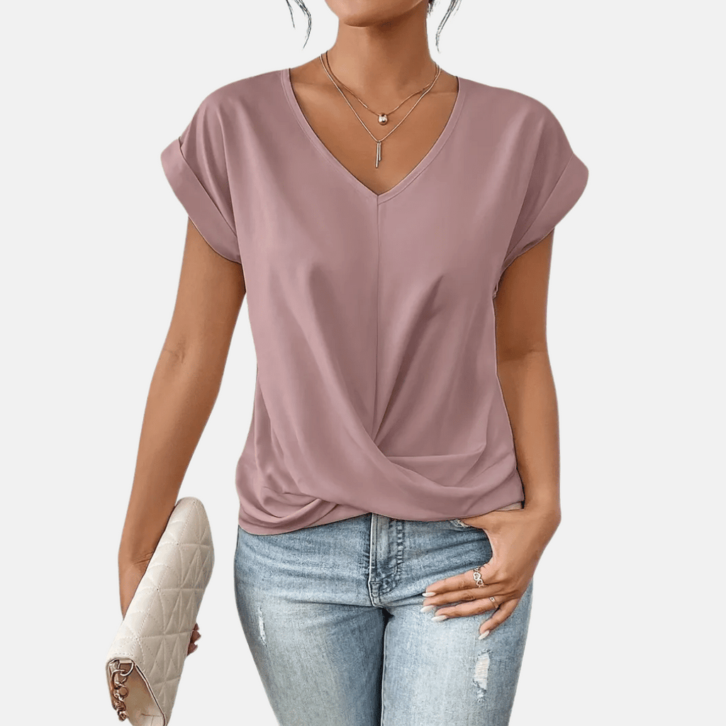 Womens V-Neck Short Sleeve Twist Hem Top